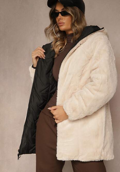 Czarno-Beżowa Dwustronna Kurtka z Kapturem Pikowanymi Przeszyciami i Futerkiem Rossalea