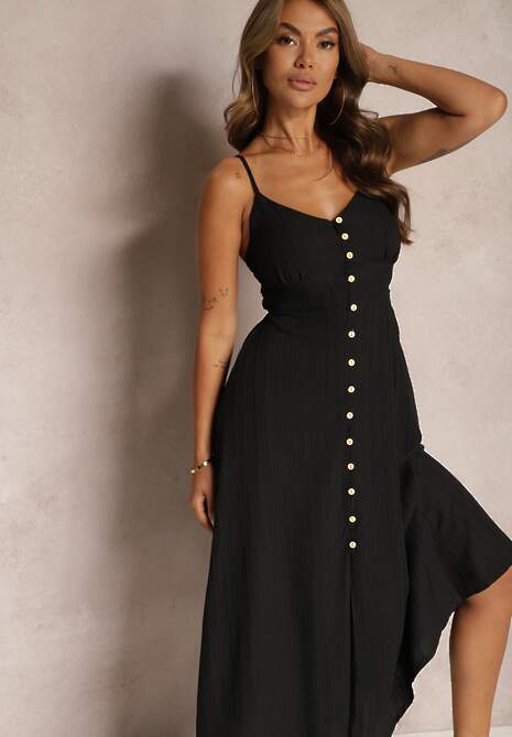 Czarna Taliowana Sukienka na Guziki na Ramiączkach z Regulacją Quafea