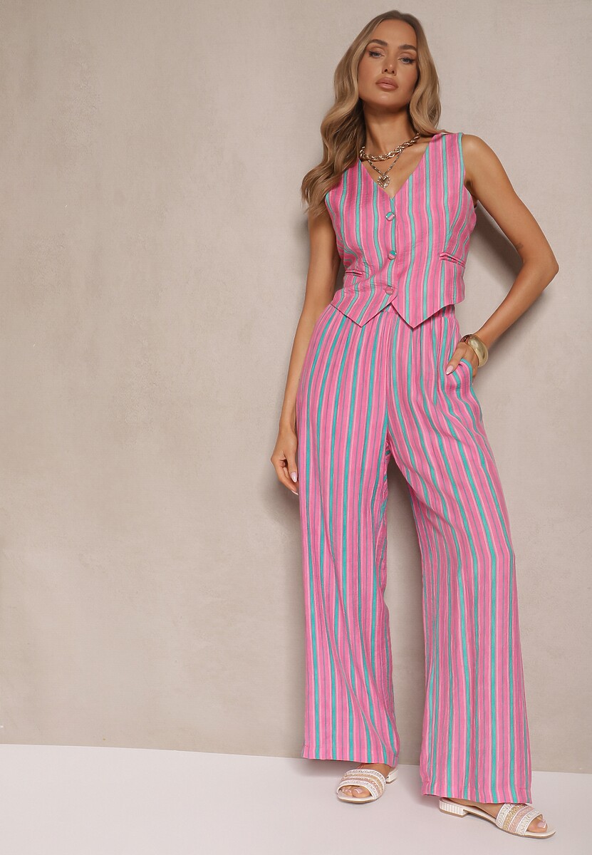 Różowe Prążkowane Spodnie High Waist o Szerokim Kroju z Gumką i Wiązaniem w Talii Helzeki