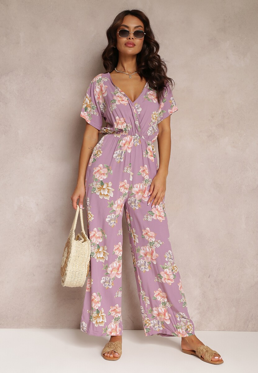 Różowy Kopertowy Kombinezon w Kwiaty z Gumką w Talii  Jazila