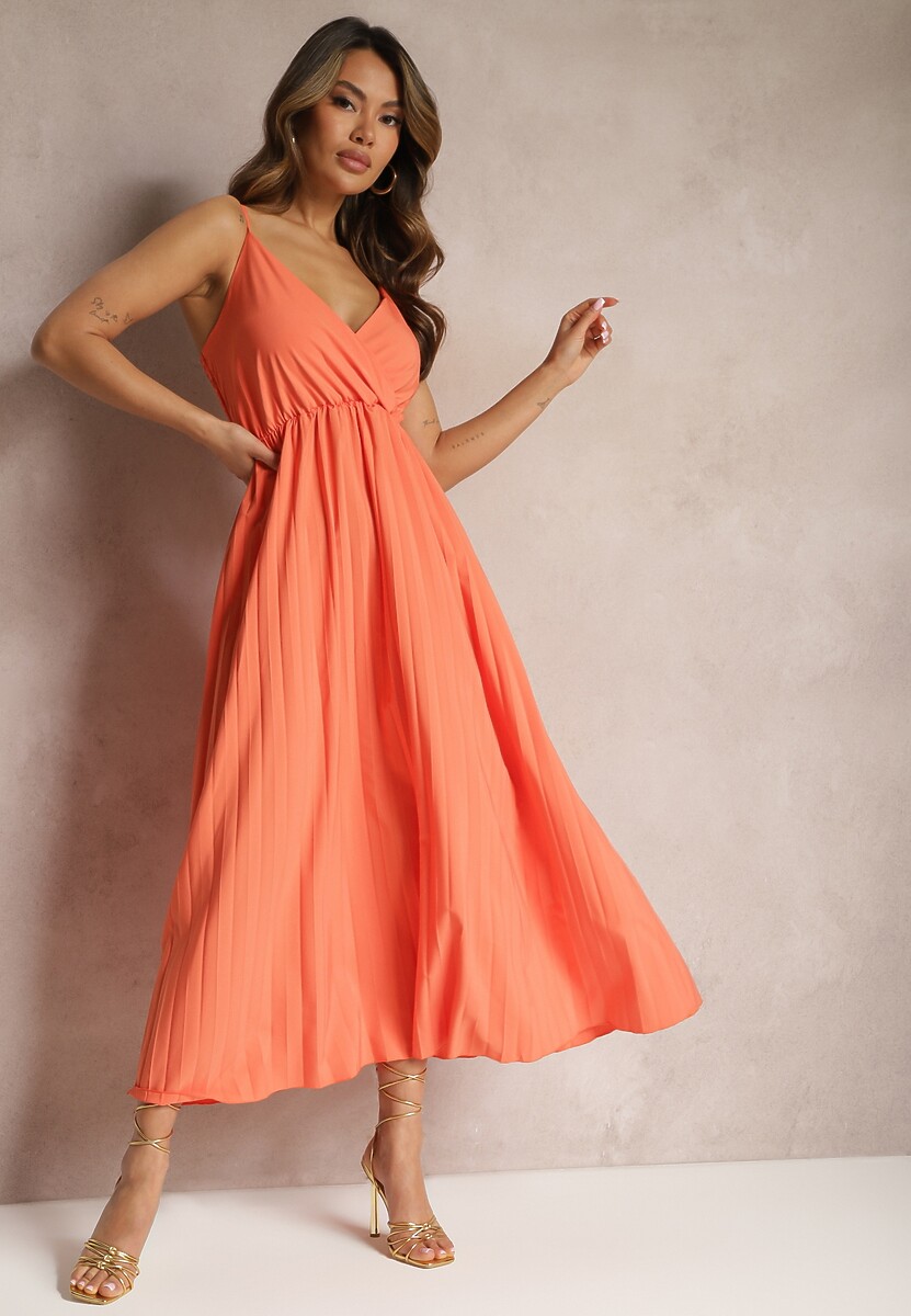Pomarańczowa Długa Sukienka Kopertowa o Rozkloszowanym Kroju na Ramiączkach Kaemera