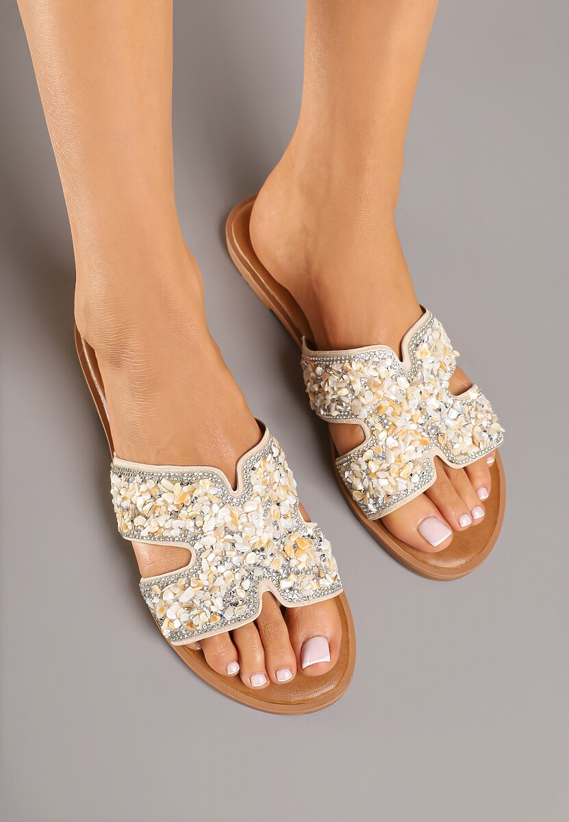 Różowe Klapki na Płaskiej Podeszwie Zdobione Wycięciami i Cyrkoniami Nilaraen