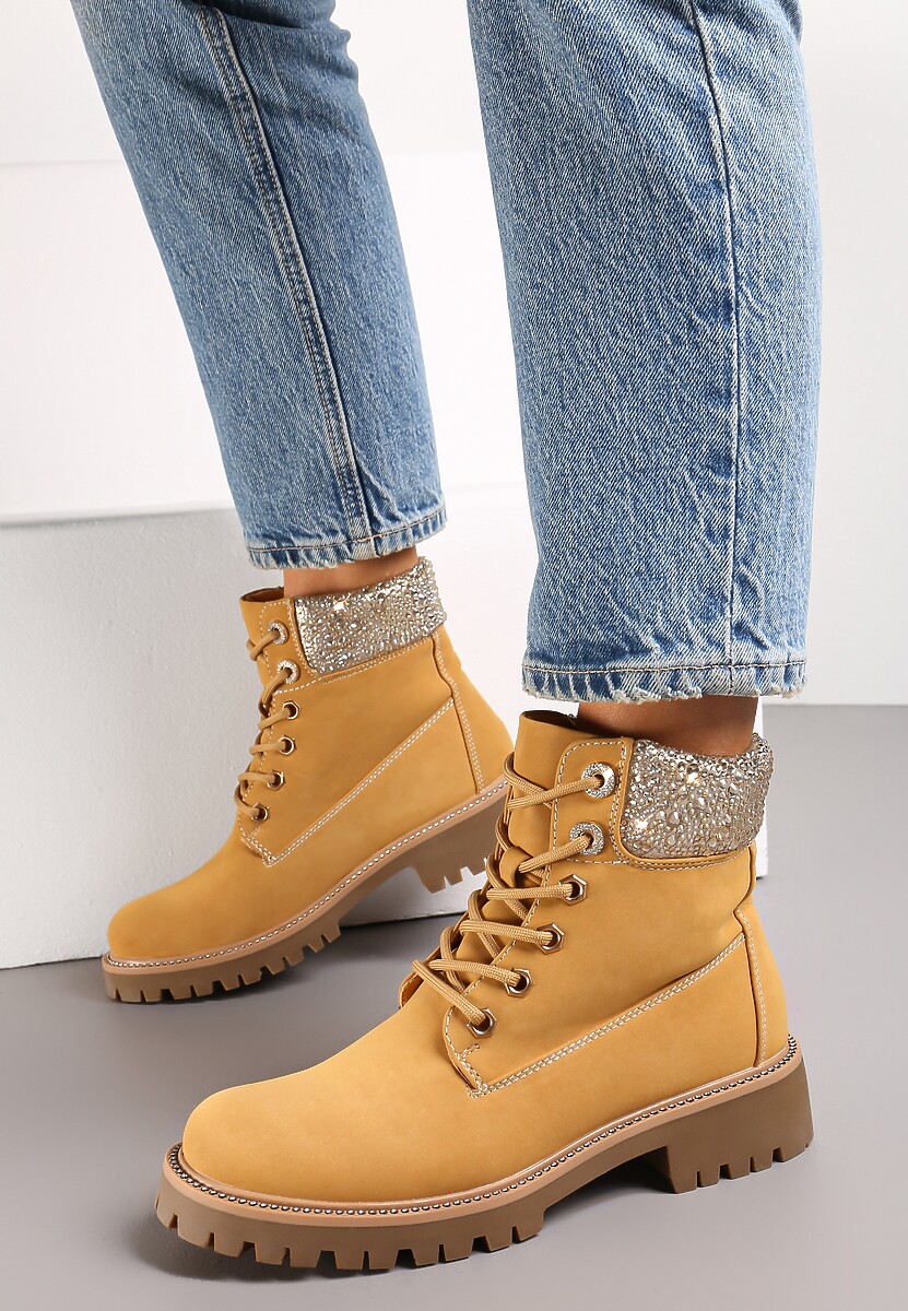 Brązowe Botki Traperki na Płaskiej Podeszwie z Przeszyciami i Cyrkoniami Flurella