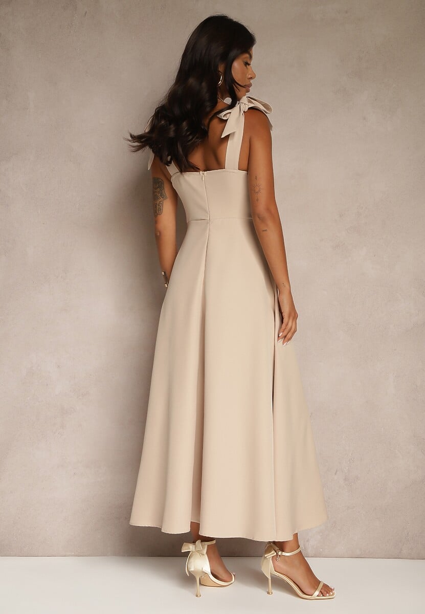 Beżowa Sukienka z Wiskozą o Rozkloszowanym Kroju z Wiązaniem Nilafeia