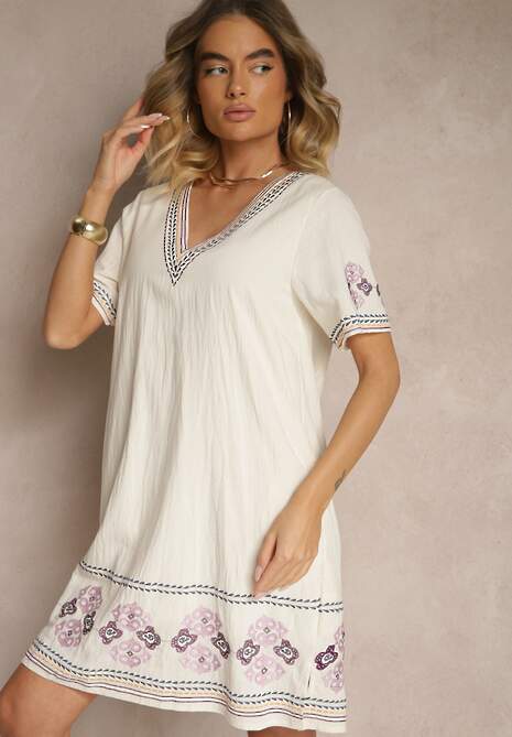 Fioletowa Pudełkowa Sukienka z Bawełny w Hafty w Stylu Boho Felkio