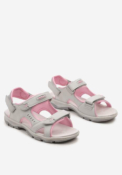 Szaro-Różowe Sportowe Sandały na Płaskiej Podeszwie ze Skórzaną Wkładką Zapinane na Rzep Frailla