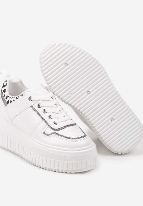 Białe Sznurowane Sneakersy na Platformie Ozdobione Panterką Ivenora