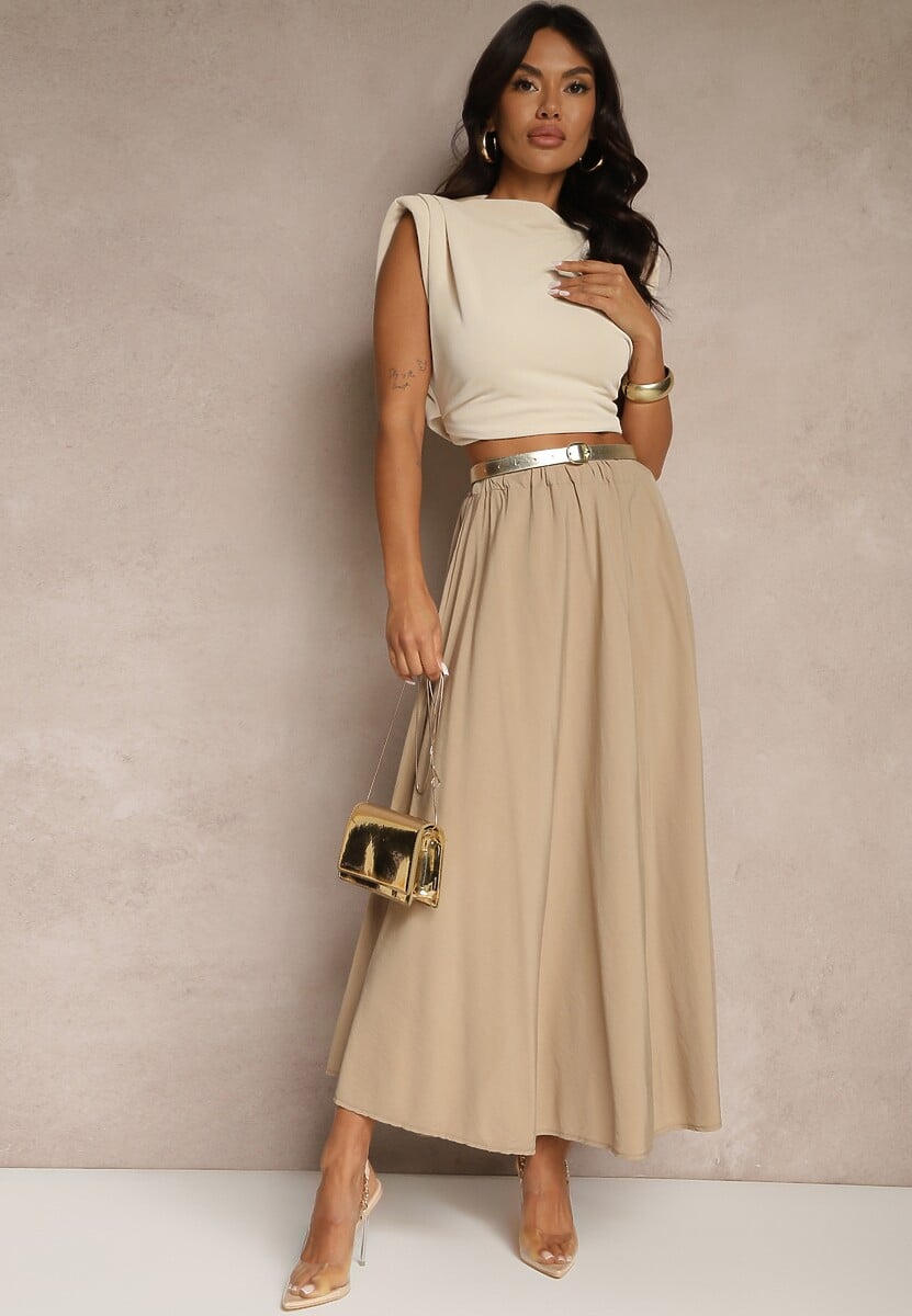 Ciemnobeżowa Spódnica z Wiskozą o Rozkloszowanym Kroju Addlia