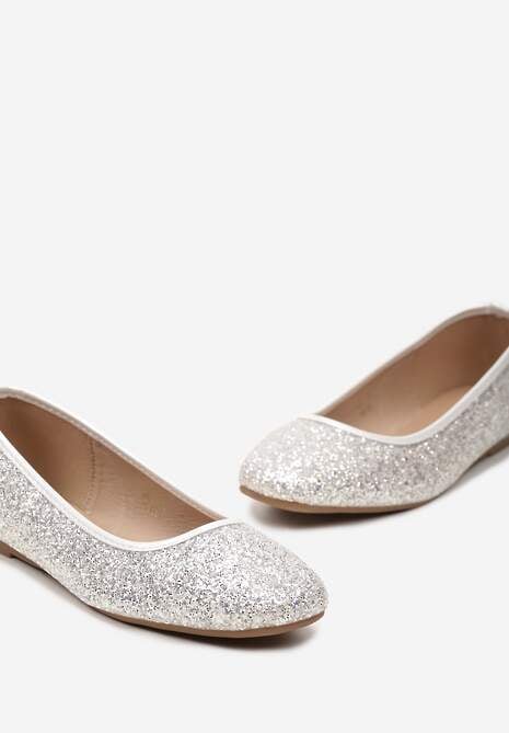 Białe Brokatowe Balerinki z Okrągłym Noskiem Buneria