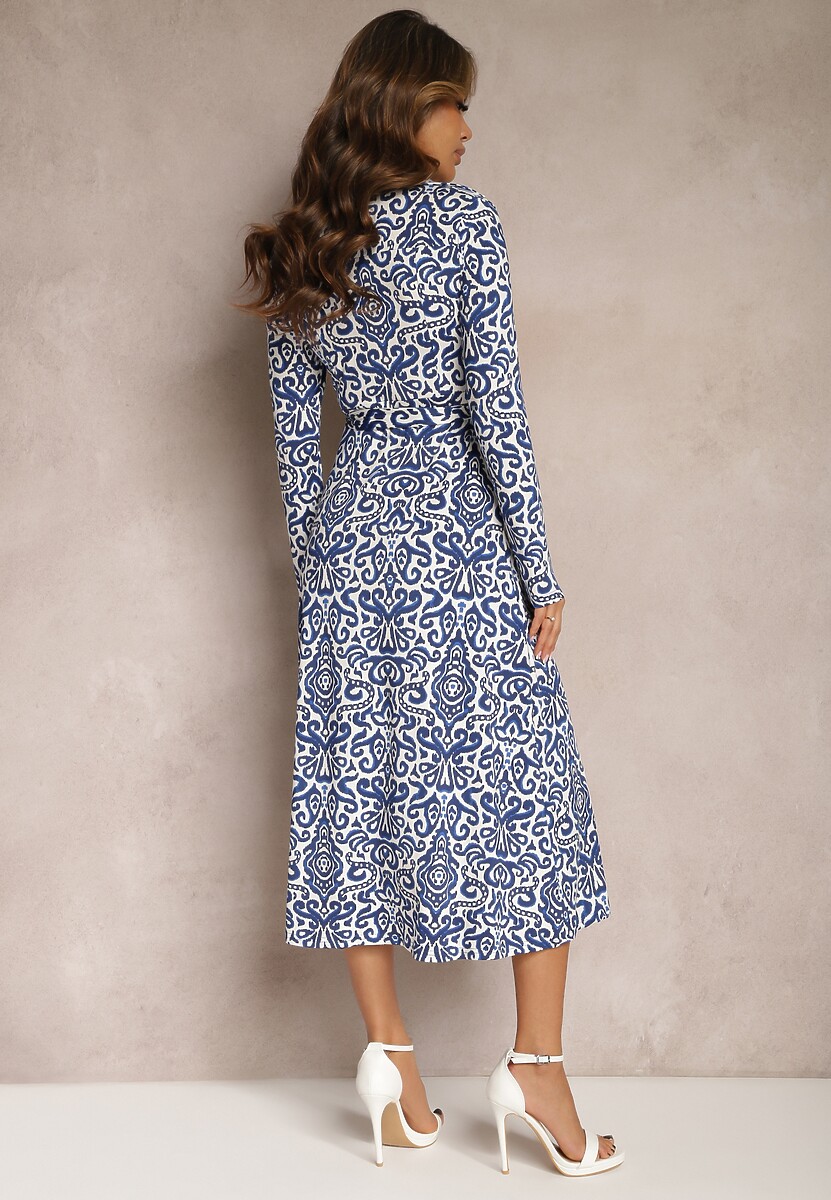 Niebiesko-Biała Koszulowa Sukienka Midi z Rozkloszowaniem i Paskiem Lanibe