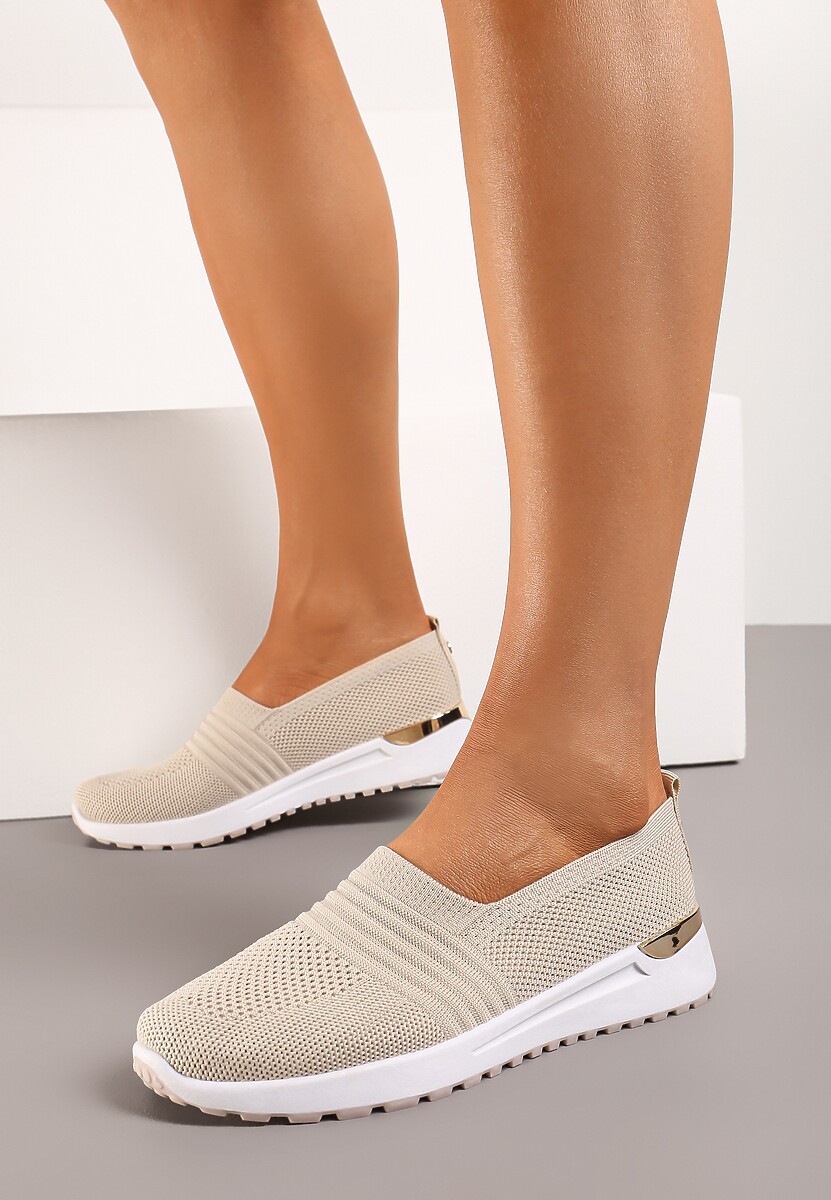 Beżowe Tenisówki Elastyczne z Metaliczną Wstawką na Zapiętku Jestella
