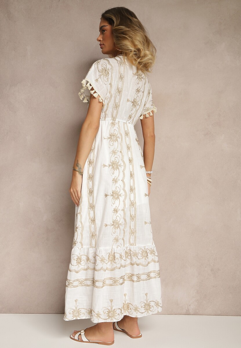 Biała Rozkloszowana Sukienka Boho z Bawełny z Chwostami Haftami i Metaliczną Nicią Divirna