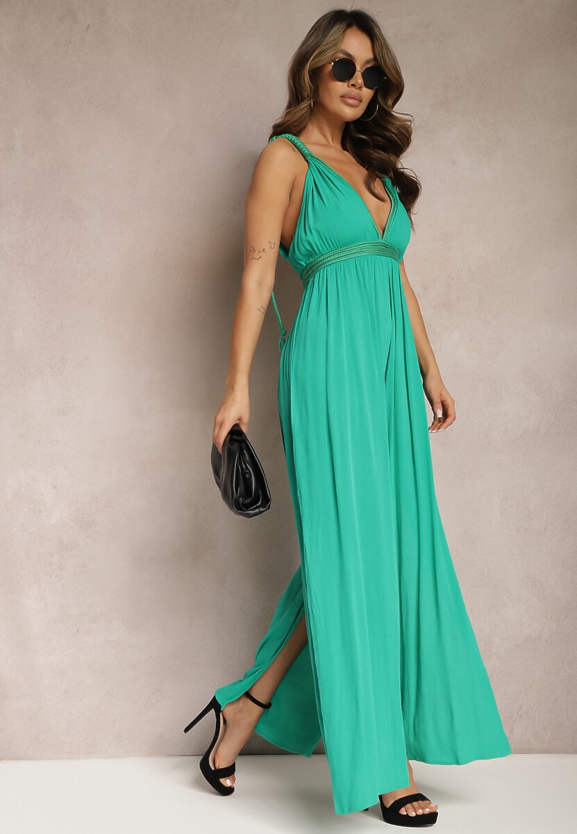 Zielony Kombinezon bez Rękawów z Gumką w Talii z Wiskozy i Lnu Nehir