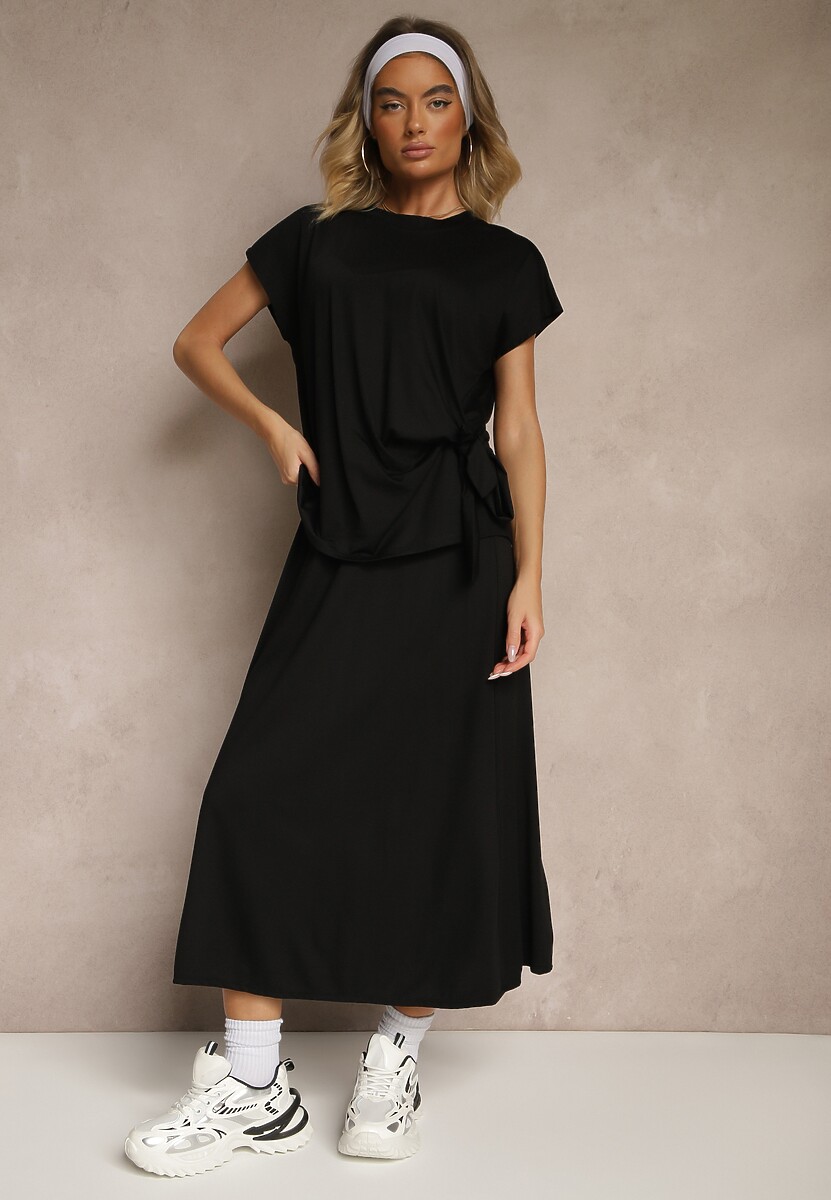 Beżowy Komplet z Wiskozą Spódnica i Bluzka Zdobiona Wiązaniem w Talii Davisavina