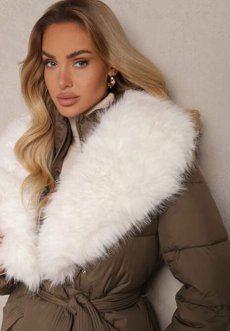 Zielona Kurtka Ozdobiona Pikowaniem Odpinanym Kołnierzem z Futerkiem i Paskiem Edanora