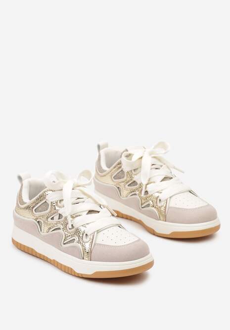 Złote Sneakersy z Metalicznym Błyskiem i Podwójnym Sznurowaniem Piniara