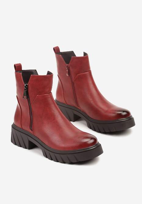 Czerwone Botki do Kostki z Suwakiem na Grubej Podeszwie z Tłoczeniami Redvira