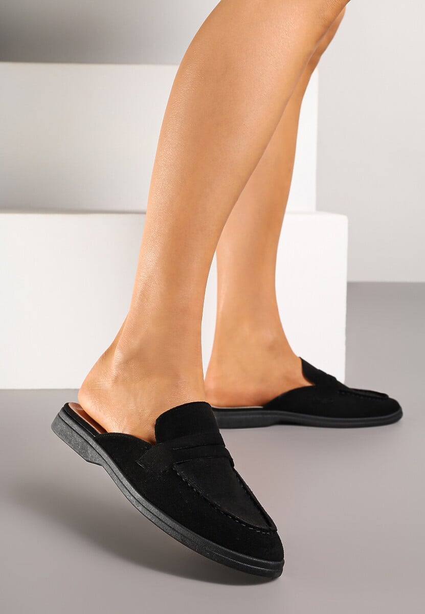 Niebieskie Klapki w Stylu Muli Ozdobione Przeszyciami Firarelle