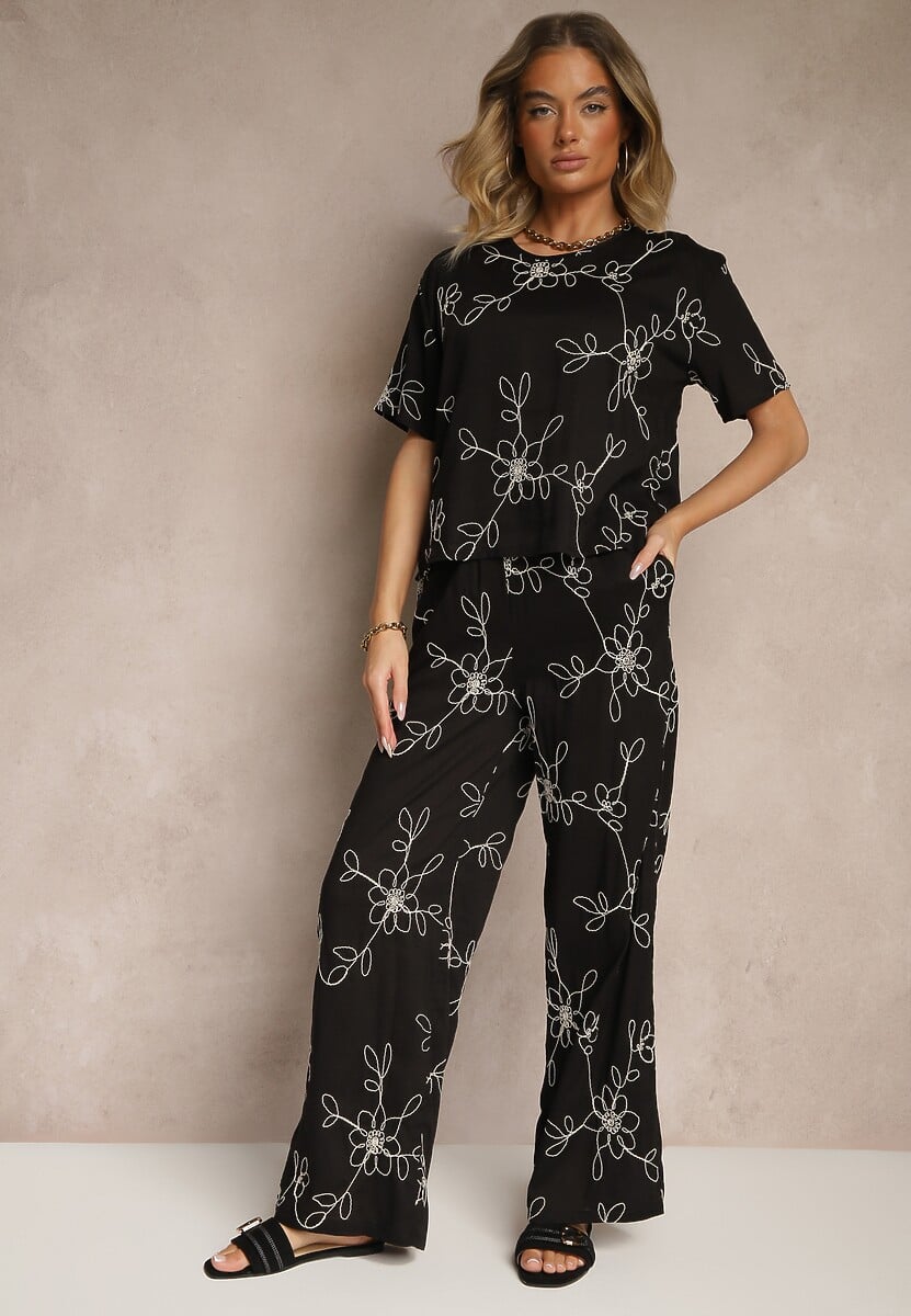 Biały Komplet z Wyszywanymi Kwiatami Luźny T-shirt i Proste Spodnie Namselin