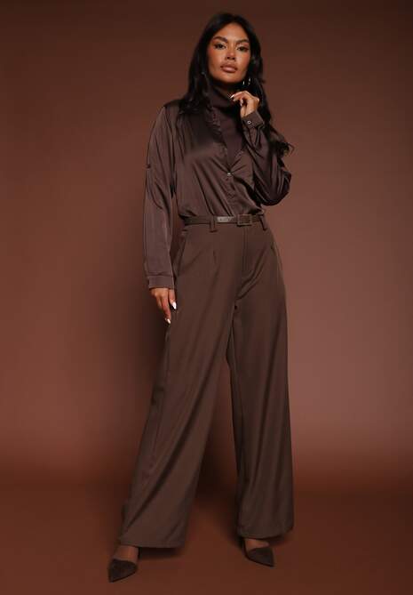 Brązowe Szerokie Spodnie Garniturowe Ozdobione Paskiem Cirrive