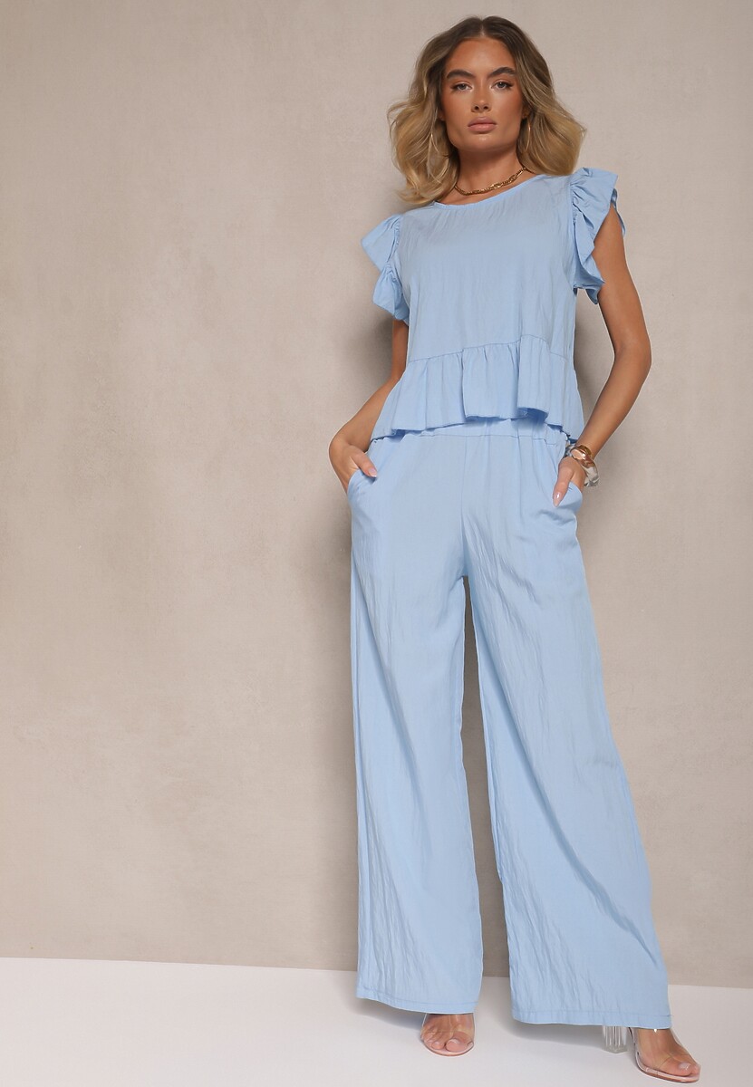 Niebieski Komplet z Wiskozą Spodnie o Szerokim Kroju i Bluzka z Baskinką Evellimi