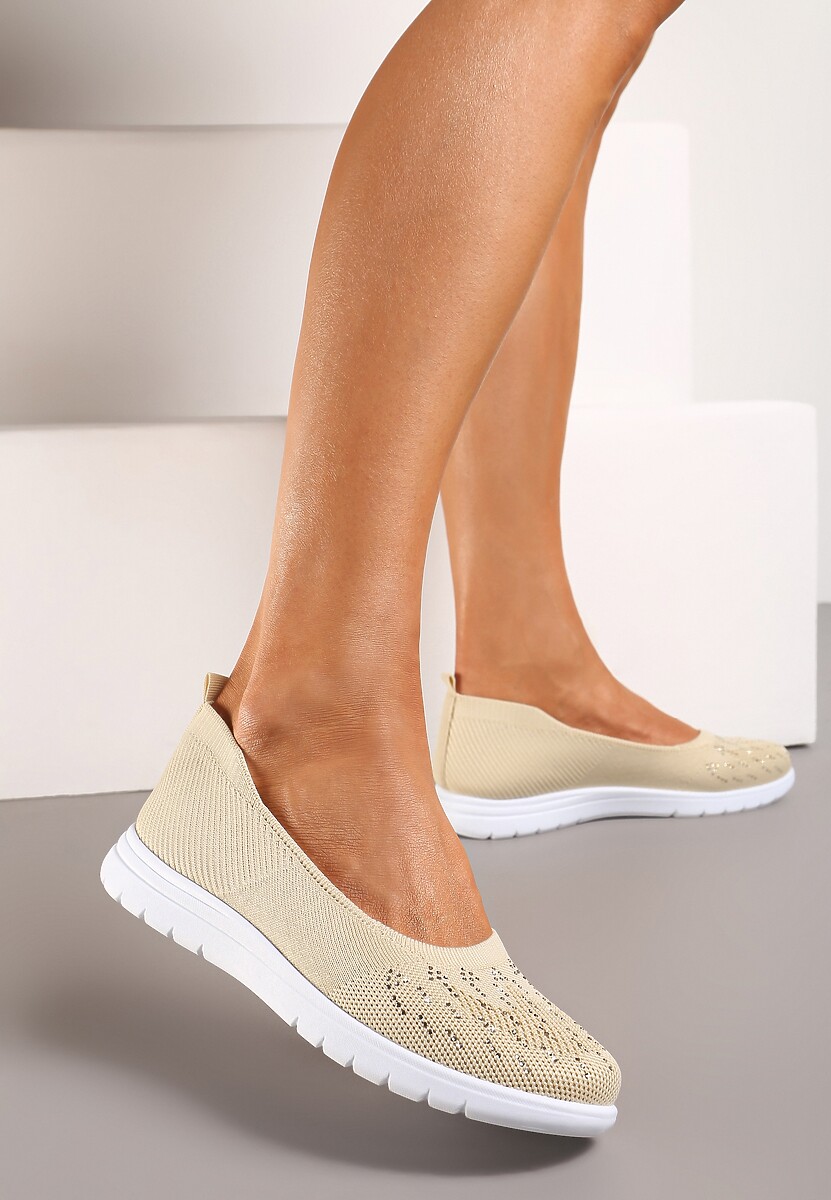 Beżowe Płaskie Tenisówki Zdobione Cyrkoniami Lomadia