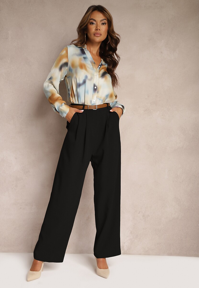 Czarne Garniturowe Spodnie High Waist o Szerokim Kroju z Dodatkiem Wiskozy Mavaira