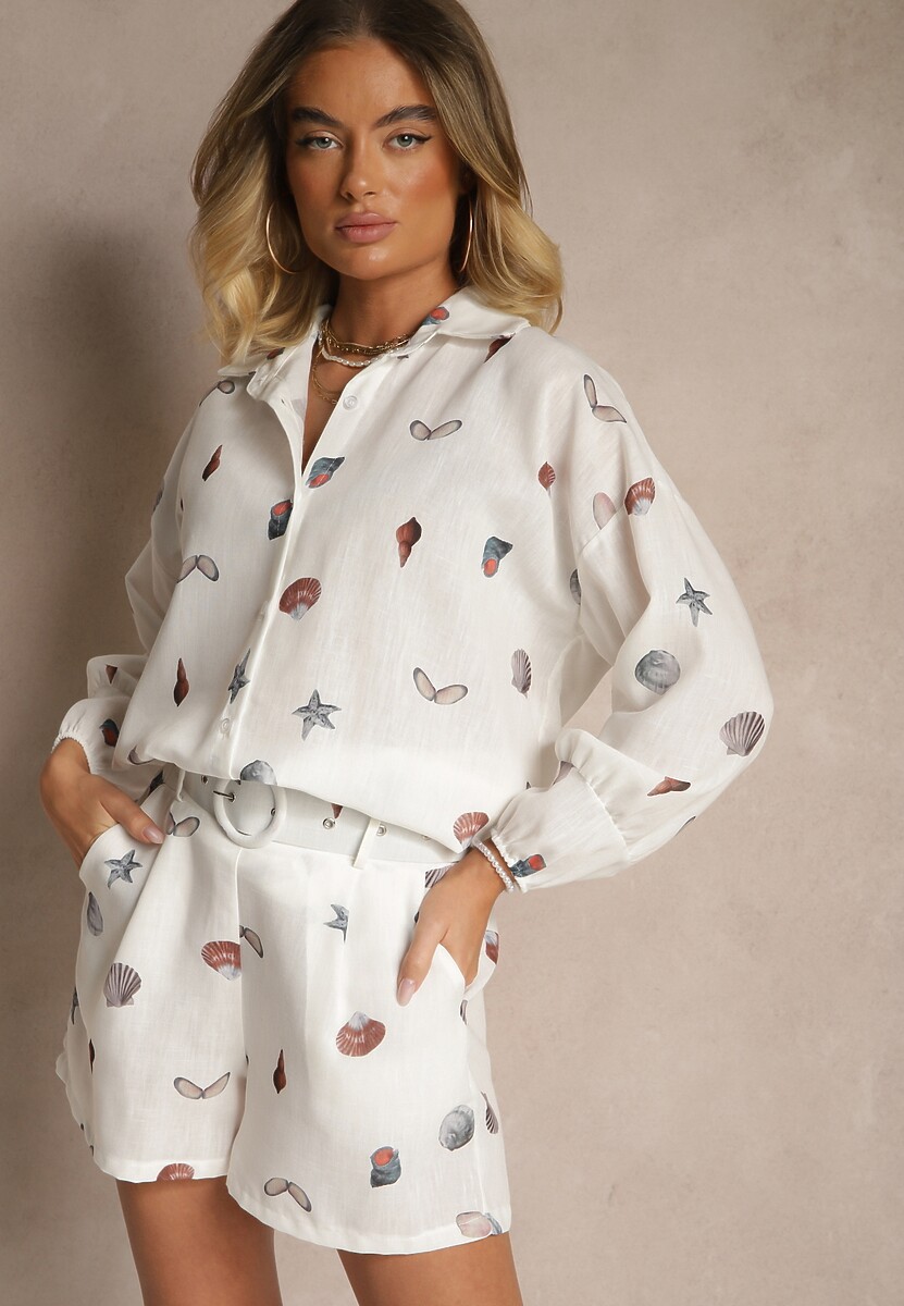 Biały Komplet z Wiskozą Koszula i Szorty w Morski Print Reisoria