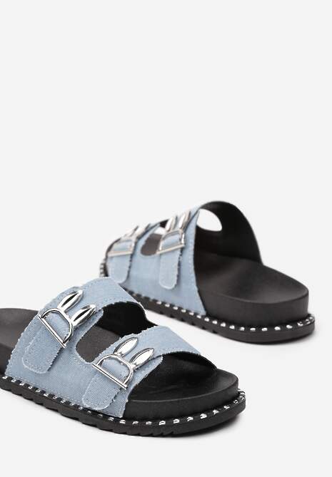 Jasnoniebieskie Jeansowe Klapki z Nowoczesnymi Sprzączkami Analara