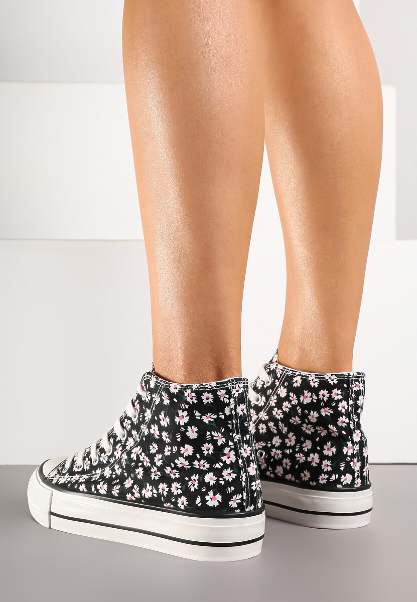 Czarne Trampki z Wysoką Cholewką Zdobione Kwiatowym Printem Folellia