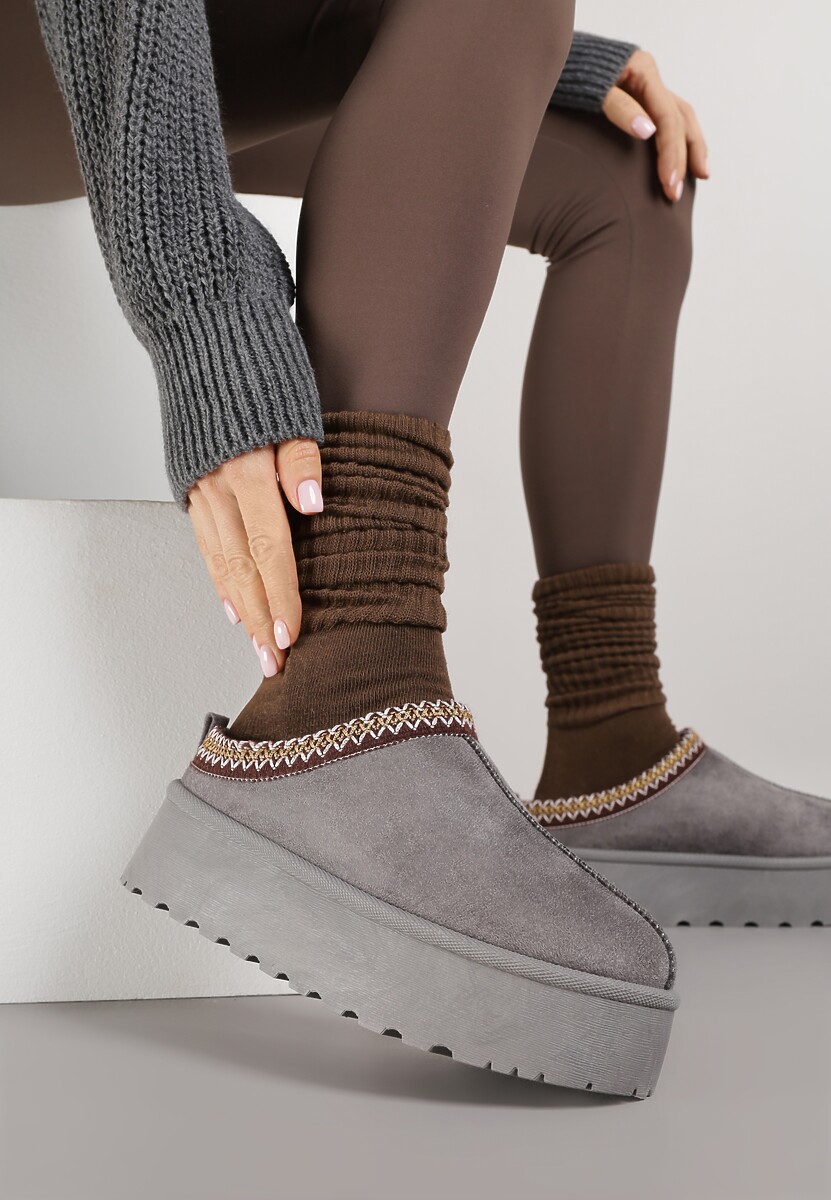 Szare Śniegowce na Platformie z Ozdobnym Paskiem Lotiara