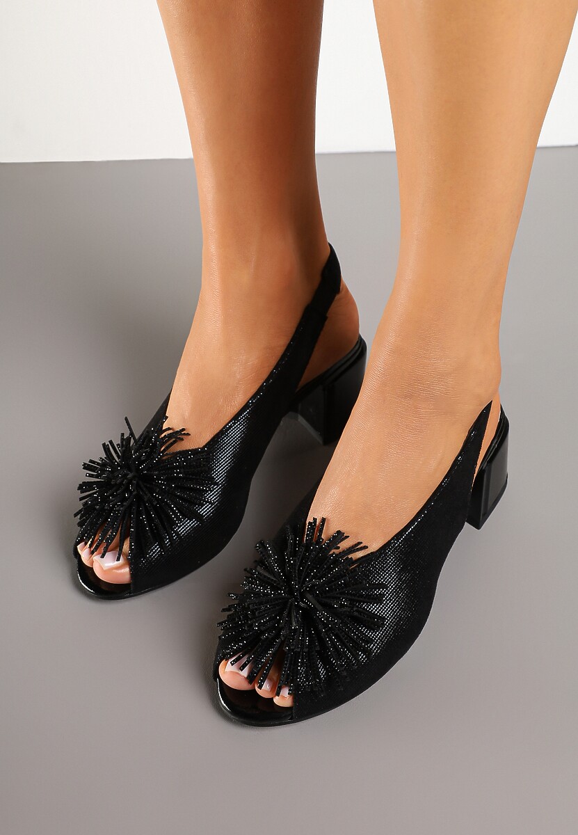 Czarne Sandały na Słupku z Wkładką ze Skóry Naturalnej z Pomponem Rerissiana