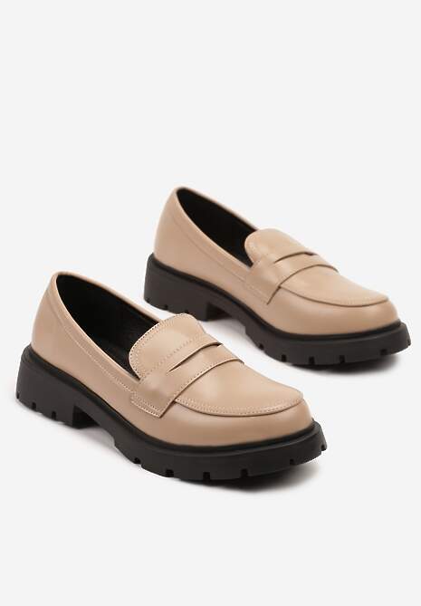Ciemnobeżowe Mokasyny z Ekoskóry na Płaskiej Podeszwie Nasabel