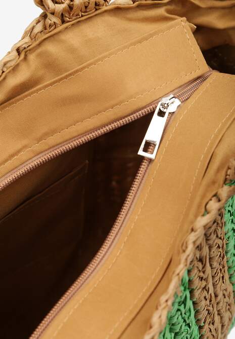 Zielono-Beżowa Pleciona Torebka z Rączką i Ozdobnym Napisem Rivasina