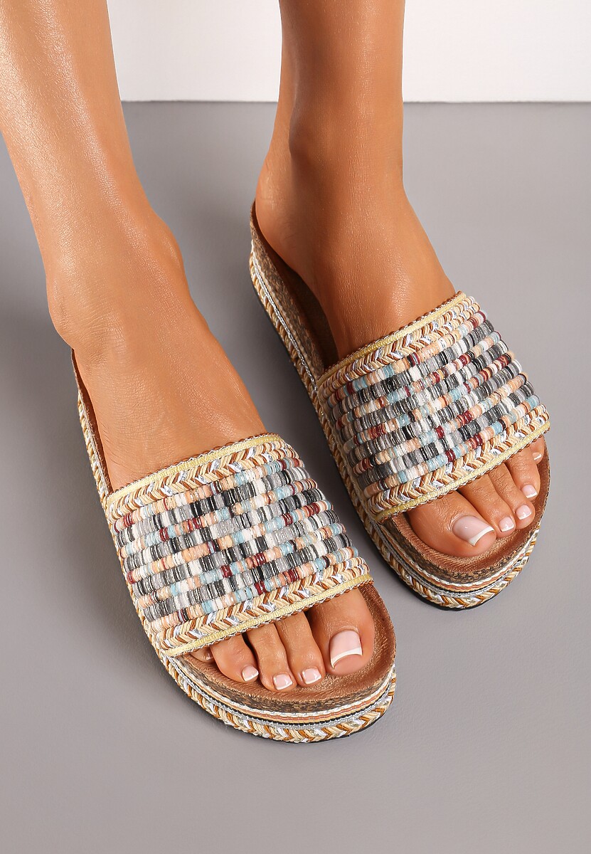 Beżowe Klapki na Platformie z Korka i Plecionki Pamarie