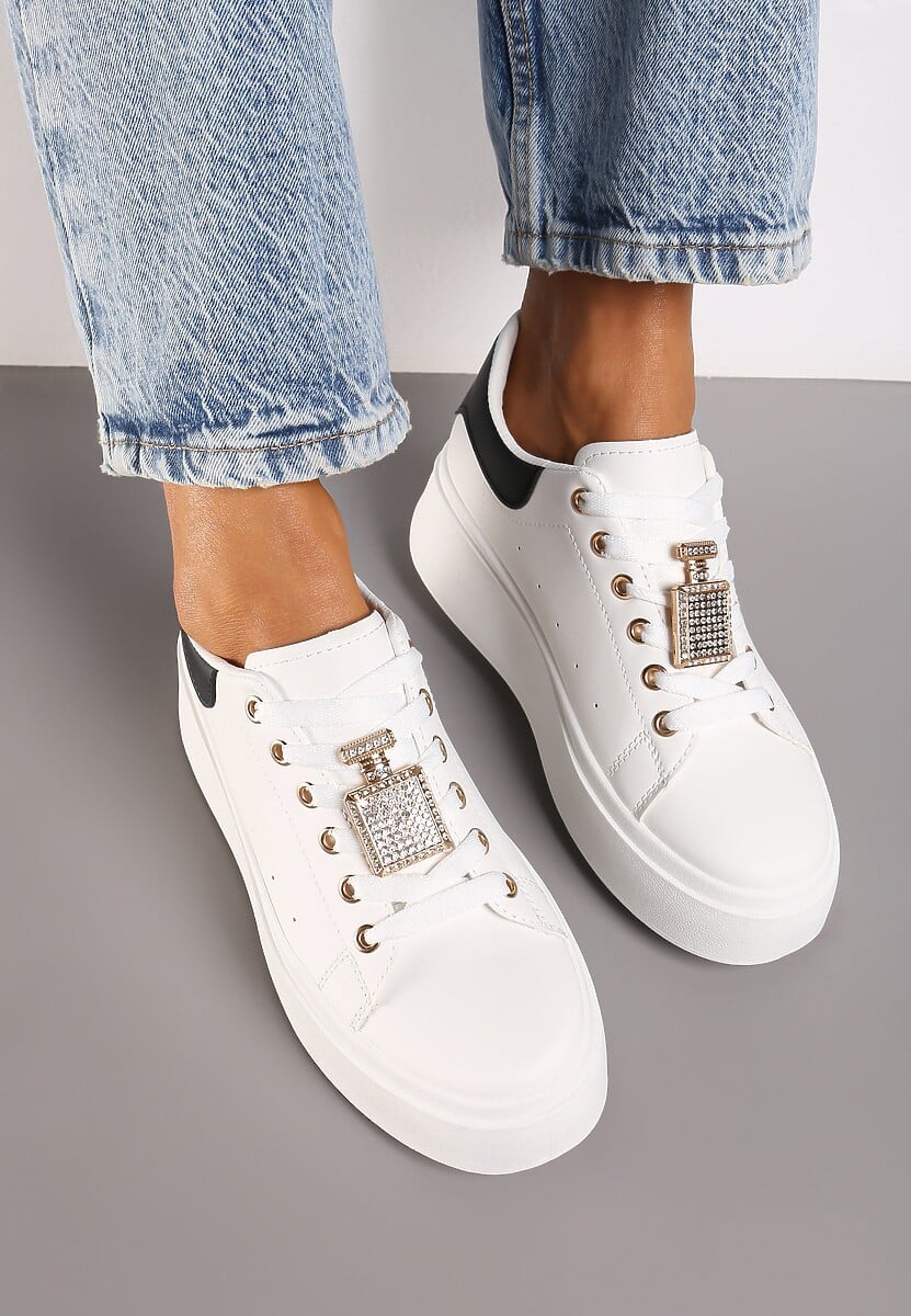 Biało-Czarne Sneakersy na Platformie Ozdobione Cyrkoniami i Aplikacją 3D Daneria