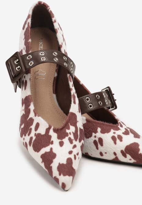 Brązowe Czółenka Vices w Krowie Łaty na Szpilce z Wkładką ze Skóry Naturalnej z Klamrą Nalisette Viralowe