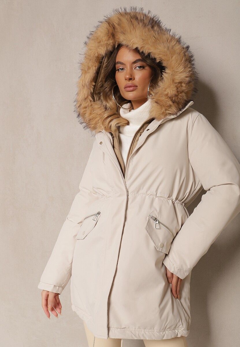 Jasnobeżowa Kurtka Parka Ściągana w Talii z Podwójnym Suwakiem i Kapturem z Futrem Edrieth