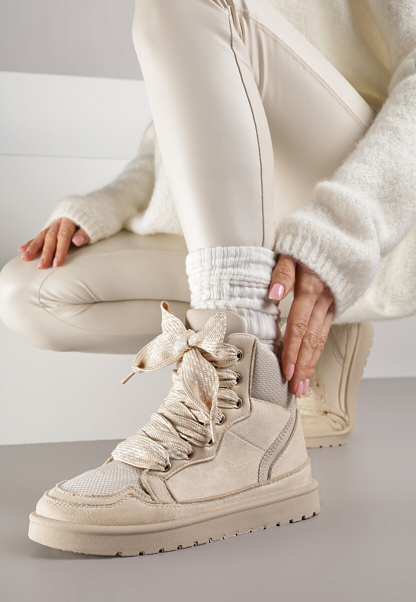 Brązowe Sneakersy Ozdobione Sznurówkami w Geometryczny Wzór Avoslia