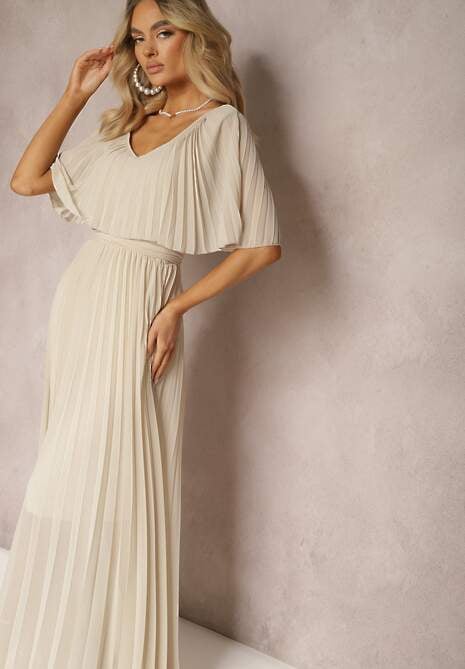 Beżowa Plisowana Sukienka z Gumką w Pasie z Falbaną Przy Dekolcie Drenia