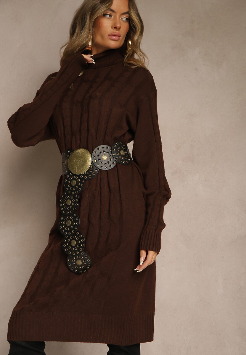 Brązowa Prążkowana Sukienka z Golfem z Dzianiny z Wełną Essandra