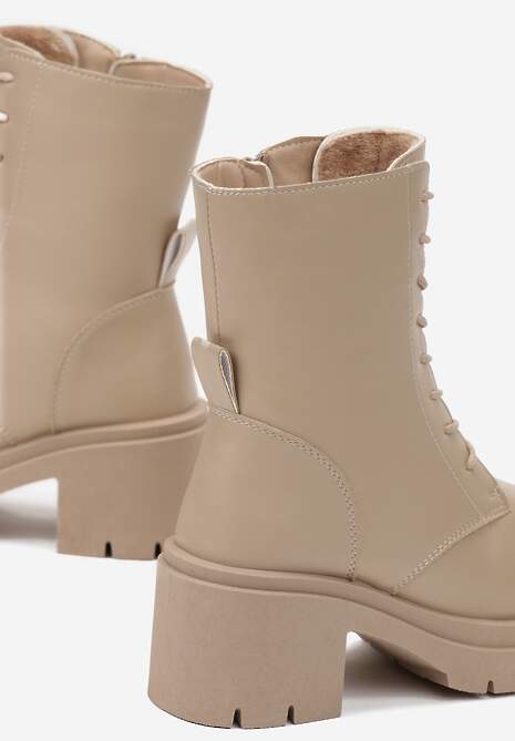 Beżowe Sznurowane Botki z Imitacji Skóry na Podeszwie z Platformą i Żłobieniami Zaran