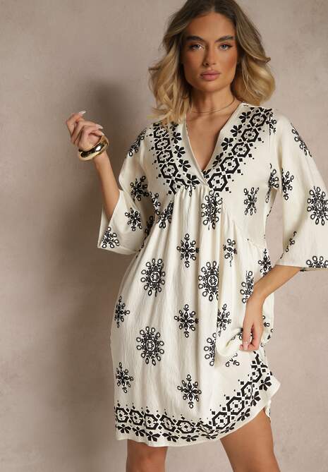 Czarno-Kremowa Sukienka Ozdobiona Ornamentalnym Wzorem z Wiskozą Daviloria