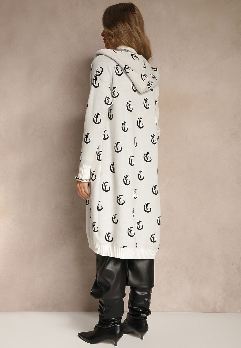 Jasnoszary Kardigan z Kapturem Ozdobiony Geometrycznym Motywem Ralanessa