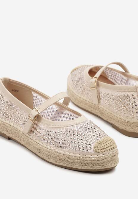 Beżowe Espadryle Ozdobione Plecionką i Ażurową Cholewką Rinelona