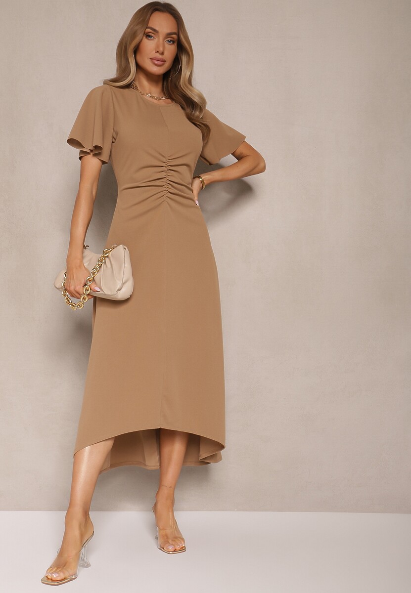 Ciemnobeżowa Sukienka o Rozkloszowanym Kroju z Marszczeniem Odarene