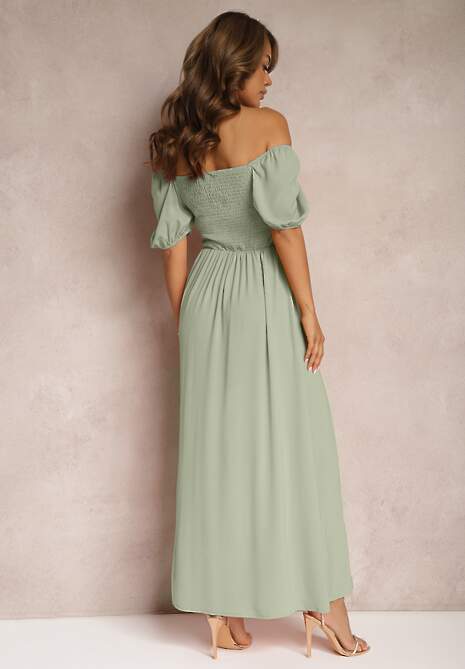 Zielona Sukienka Wieczorowa z Hiszpańskim Dekoltem i Rozcięciem Vikiya