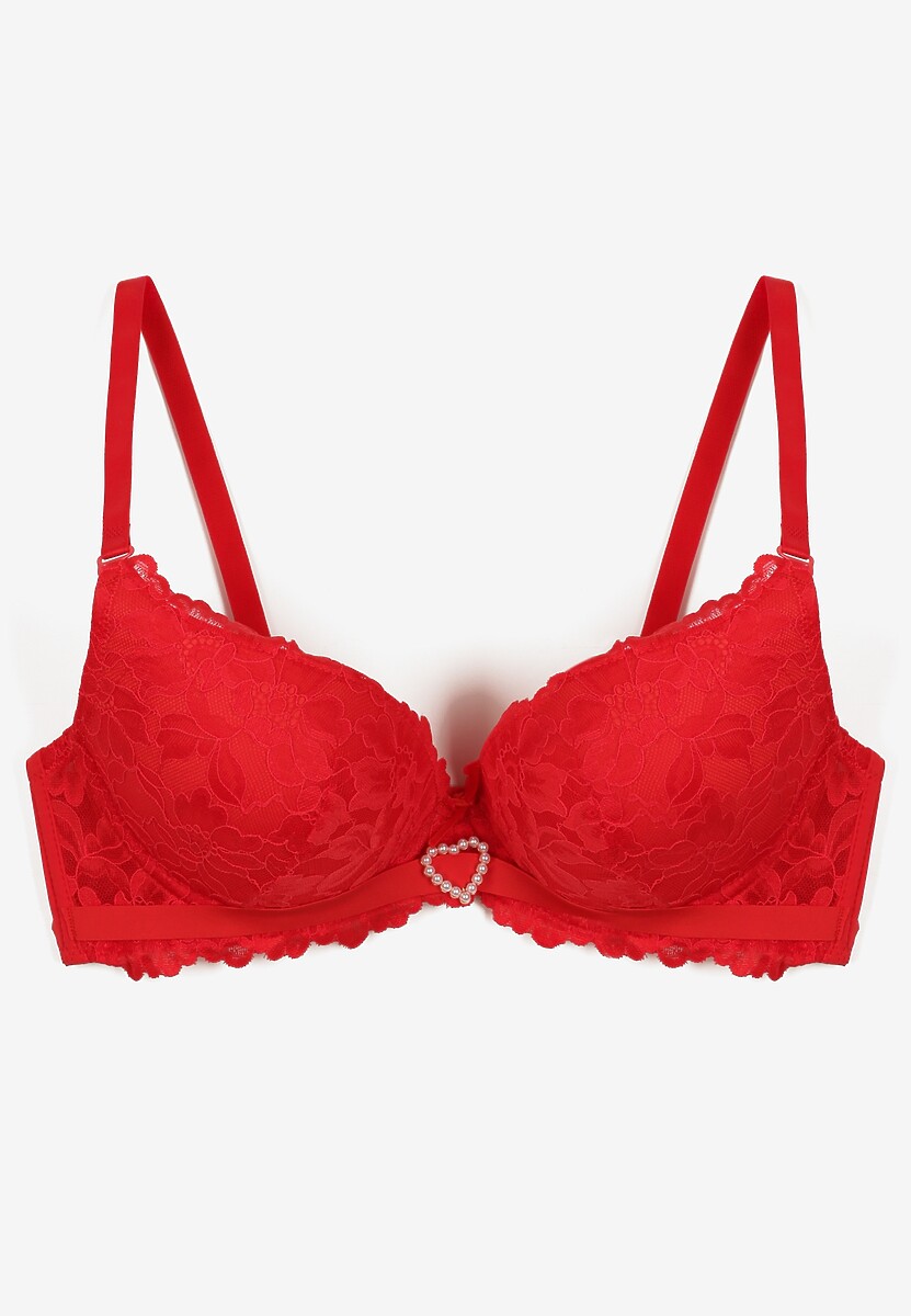 Czerwony Koronkowy Biustonosz z Sercem z Cyrkonii i Koronką Nelanisea