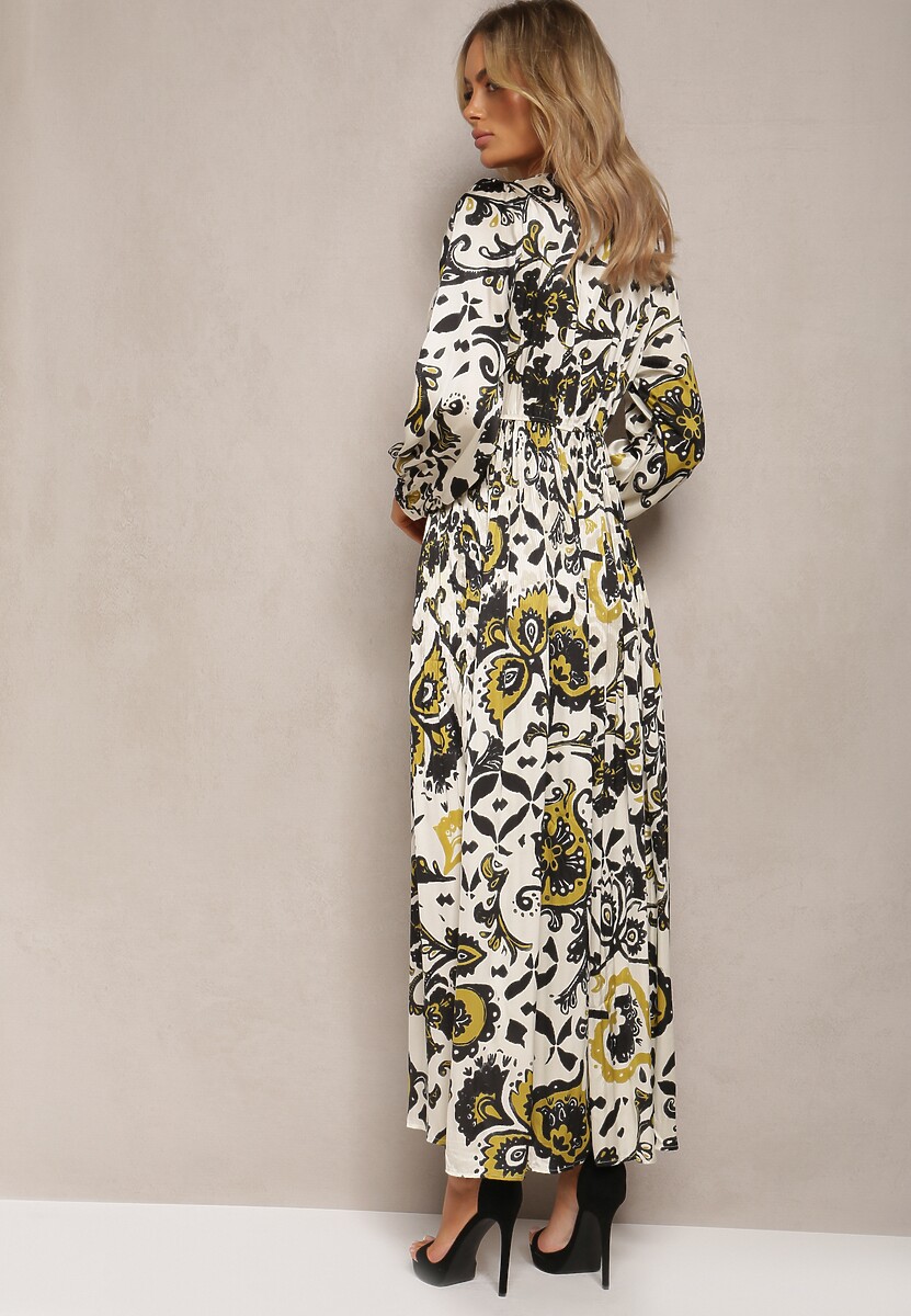 Beżowo-Zielona Długa Sukienka z Satyny z Gumką w Pasie i Ornamentalnym Printem Anoitia