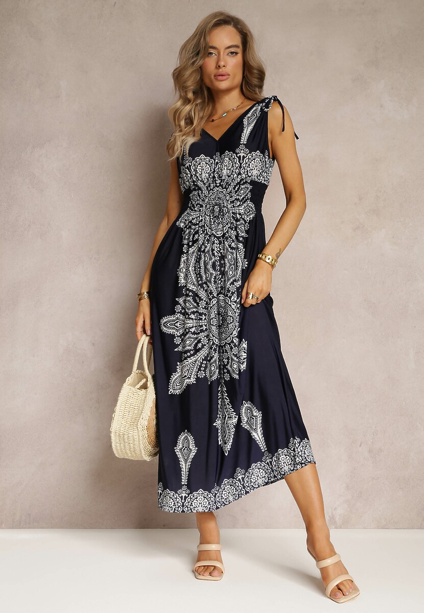 Granatowa Długa Sukienka z Wzorem Boho Sznurkami na Ramionach i Gumką w Pasie Hideni